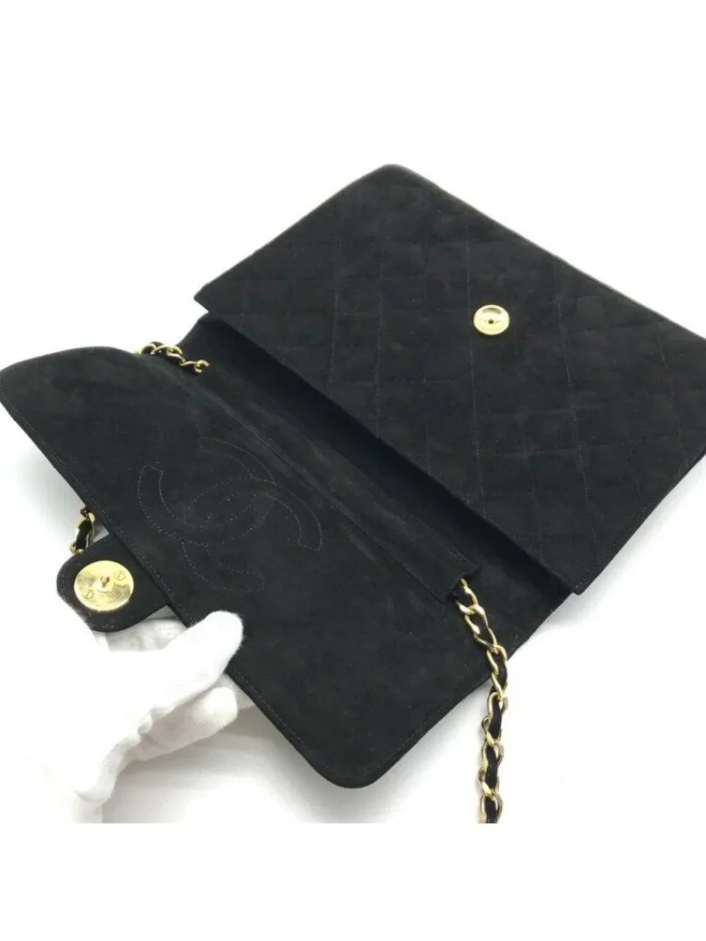Chanel CC Logo Quilted Suede Chain Shoulder Bag Black Push Lock